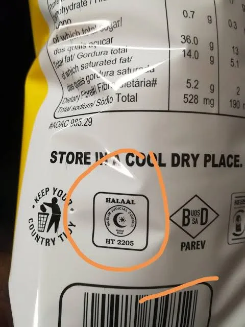 Halaal certification symbols on grocery packaging
